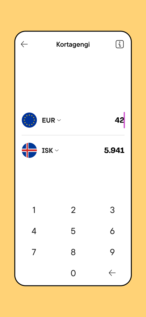 indó - Indo app currency converter screen showing exchange rates between EUR and ISK