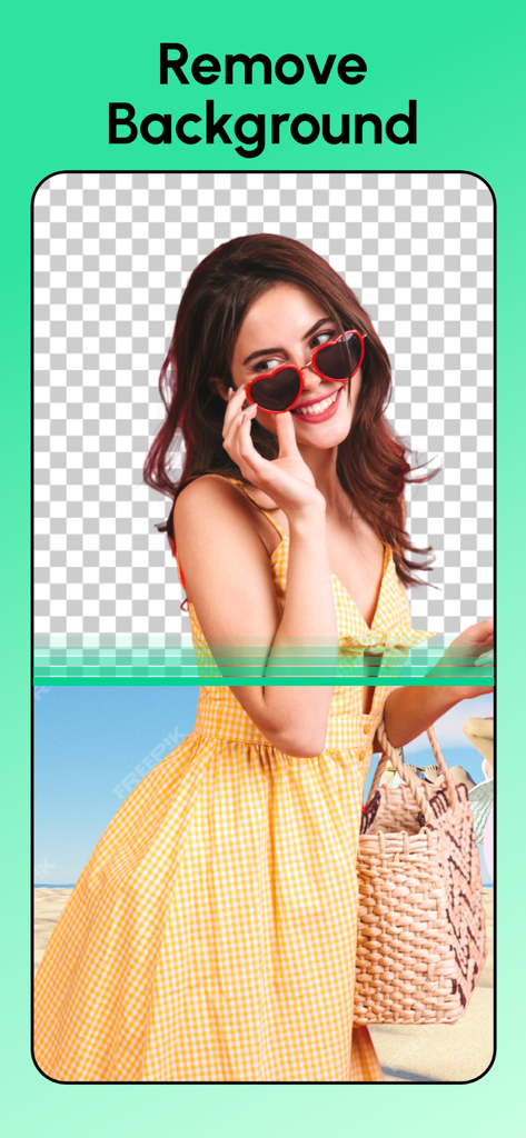Remove Objects: Pic Retouch AI - Demonstration of an AI app removing the background from a portrait of a smiling woman.