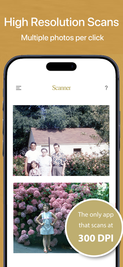 Pic Scanner Gold: Scan photos - iPhone screen showing Pic Scanner Gold app digitizing vintage photos at 300 DPI high resolution