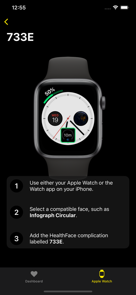 HealthFace - A tutorial screen in the HealthFace app explaining how to add a health complication to an Apple Watch face.