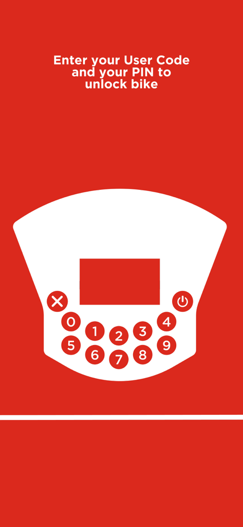 Instructional screen for the Mobi by Rogers app showing a keypad to enter a user code and PIN to unlock a bike