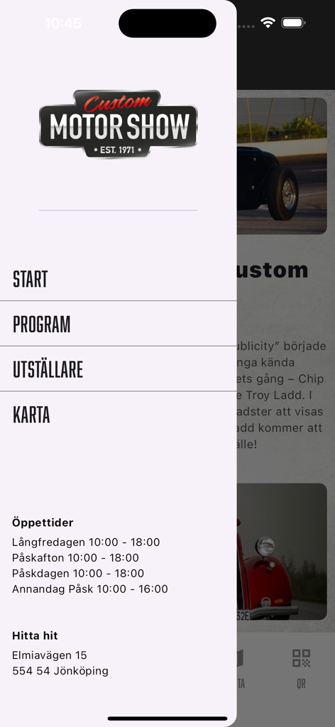 Custom Motor Show - カスタムモーターショーアプリのサイドメニュー。ナビゲーションリンクとイベント営業時間を示しています。