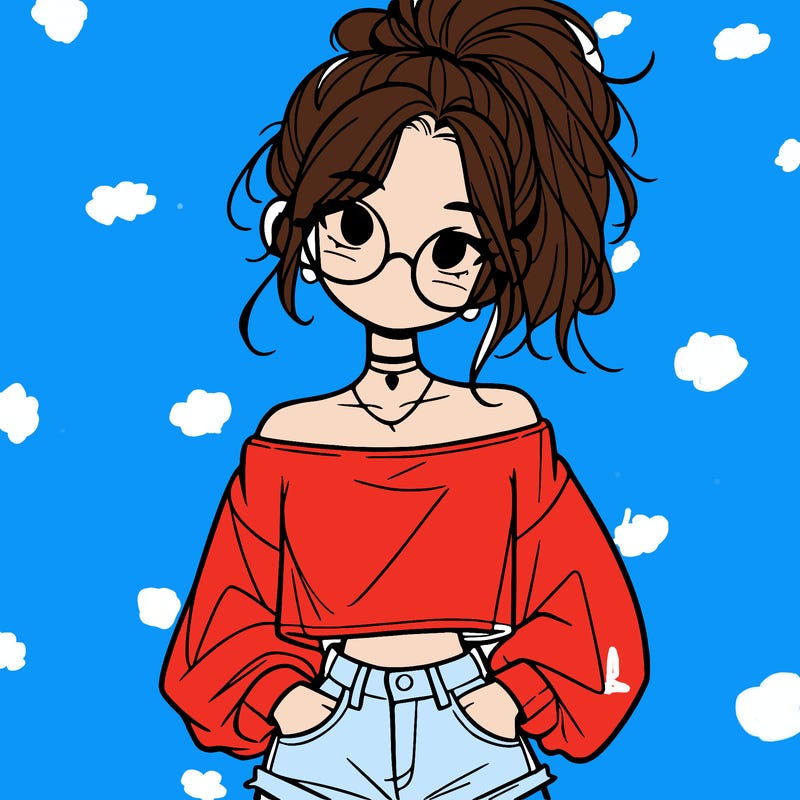 girl with a messy ponytail glasses a baggy crop top and jean shorts