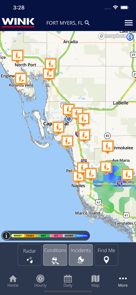 WINK Weather - WINK Weather app map interface displaying weather conditions and road incidents across Southwest Florida