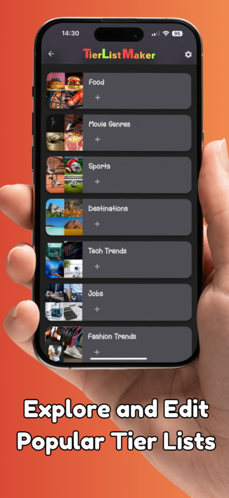 Tier List Maker - Tier Ranking - Smartphone screen showing popular tier list categories for ranking like food movies and sports