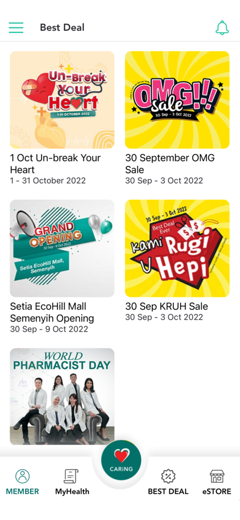 Caring Membership mobile app interface displaying a list of current pharmacy sales and promotional banners