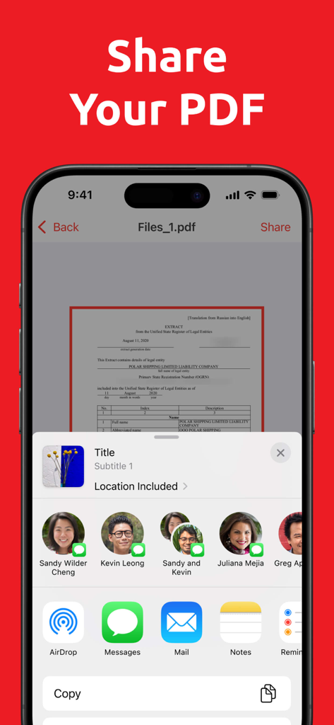 PDF Converter.ㅤ - IPhone screenshot of the PDF Converter app showing the share sheet interface with options to send a PDF via Mail, Messages, or AirDrop.