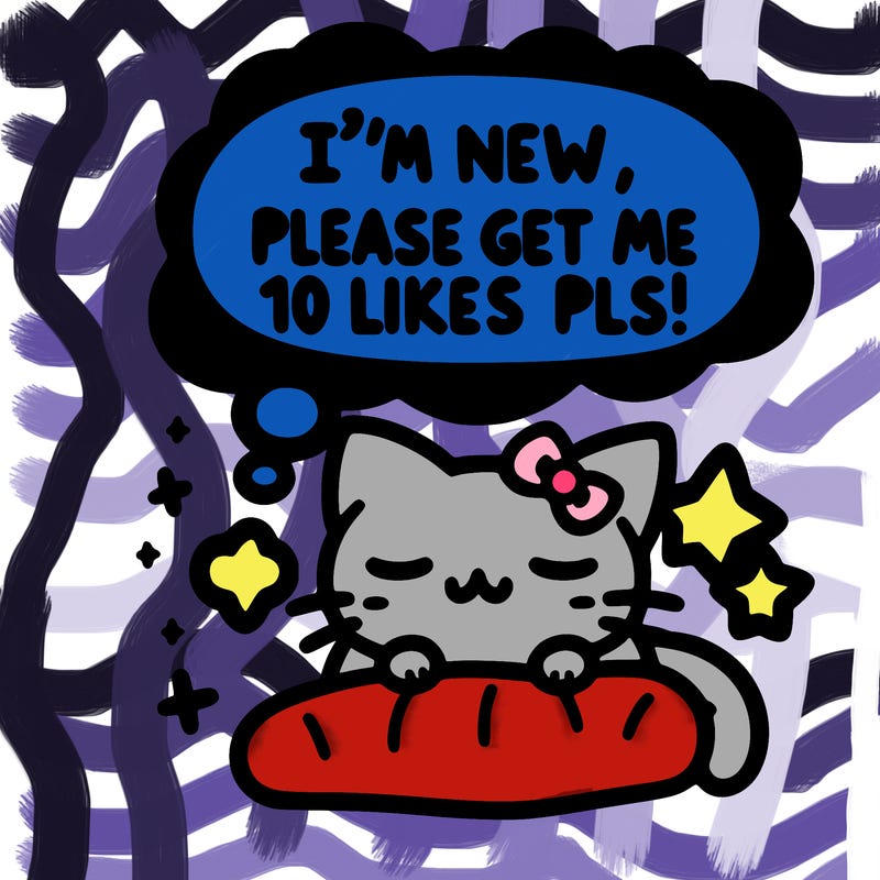 kitty taking a nap dream talking and saying "i'm new, please get me at least 10 likes pls!!"