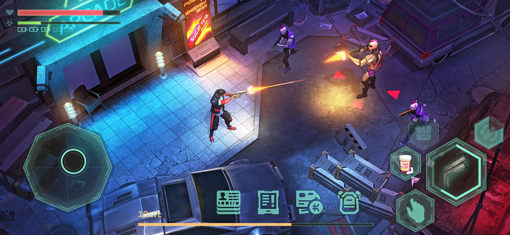 Cyberika: Action Adventure RPG - Vista cenital de un tiroteo en Cyberika Action Adventure RPG en una calle iluminada por neones.