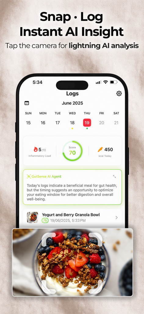 GutSense - Gut Health Coach - GutSense mobile app interface showing AI meal logging and personalized gut health insights.