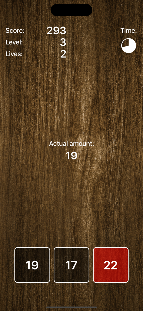 Rainman - The Game - Rainman game interface showing score level and number selection buttons on a wood background