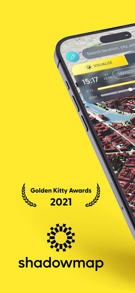 Shadowmap: Solar Intelligence - Shadowmap app interface on an iPhone displaying a 3D city map for sun analysis and the Golden Kitty Awards logo