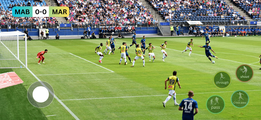 Football League Gems - Football League Gems app gameplay showing a soccer match with action controls