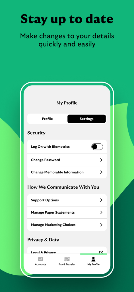 Profile and security settings interface in the Lloyds Bank International mobile app