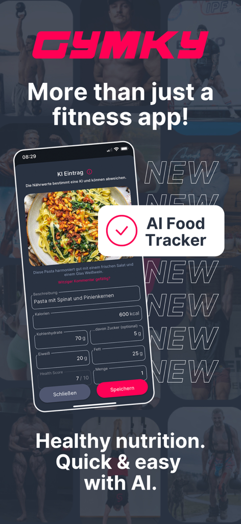 GYMKY - Fitness & AI Nutrition - GYMKY app interface showing the AI food tracker feature with nutritional analysis of a pasta dish.