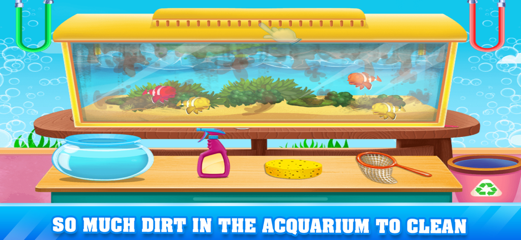 Una pantalla de juego que muestra un acuario de peces sucio con herramientas de limpieza como una esponja, spray y red