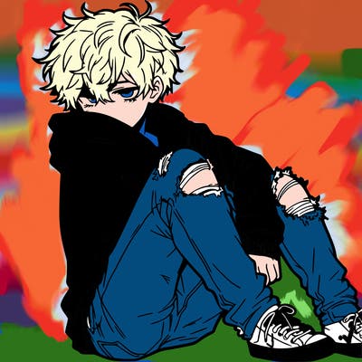 a male hoddie ripped jeans messy hair anime