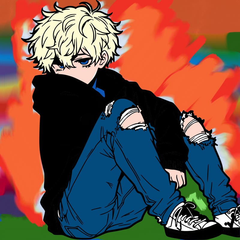 a male hoddie ripped jeans messy hair anime
