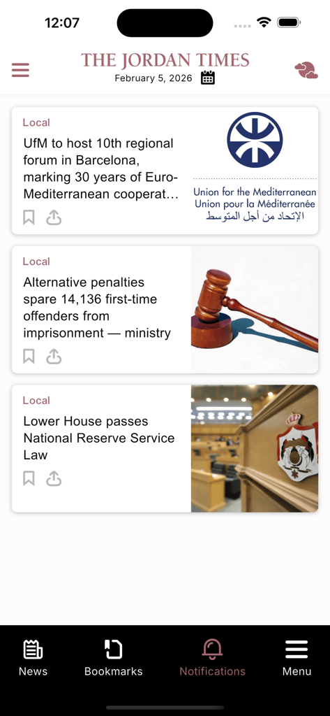 The Jordan Times - The Jordan Times mobile app interface showing a feed of local news articles about political and regional forums.
