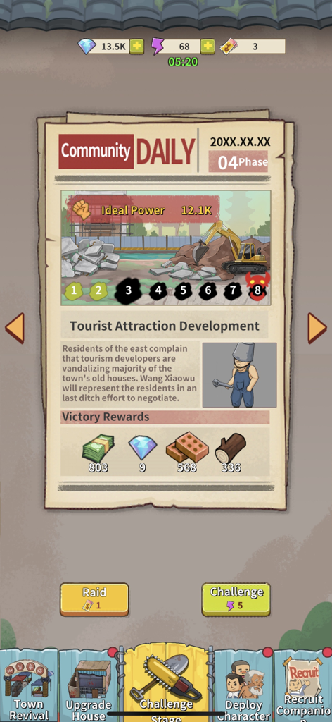 Captura de tela do jogo Home Defender - A História de Wang mostrando a página de missões diárias da comunidade com recompensas de vitória e progressão de estágio.