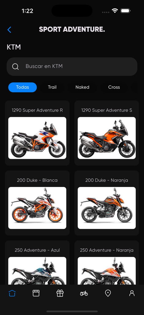 Sport Adventure - Interface de l'application Sport Adventure montrant un catalogue de motos KTM, y compris les modèles Super Adventure et Duke.