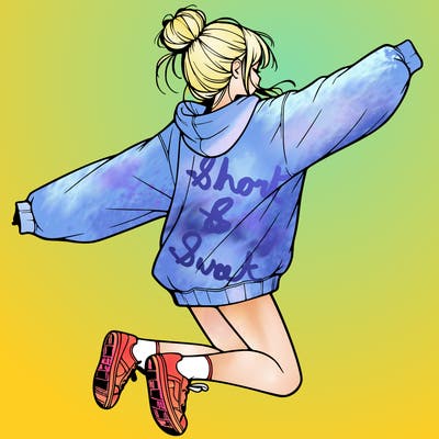 realistic girl jumping with a bun and oversized sweatshirt