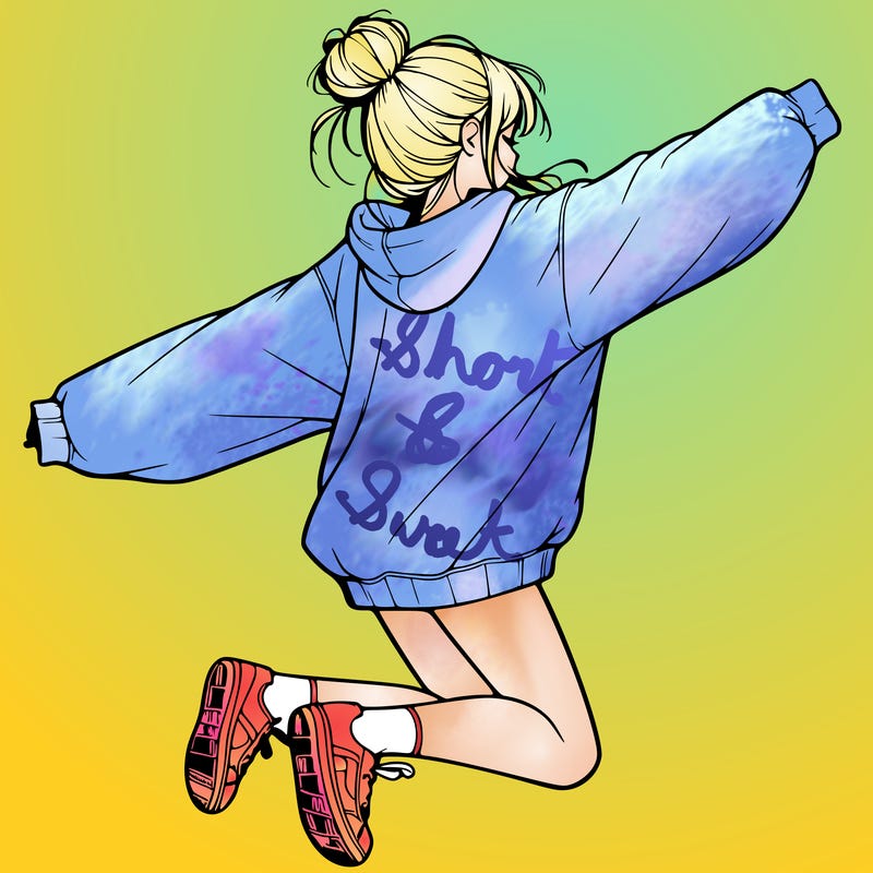 realistic girl jumping with a bun and oversized sweatshirt