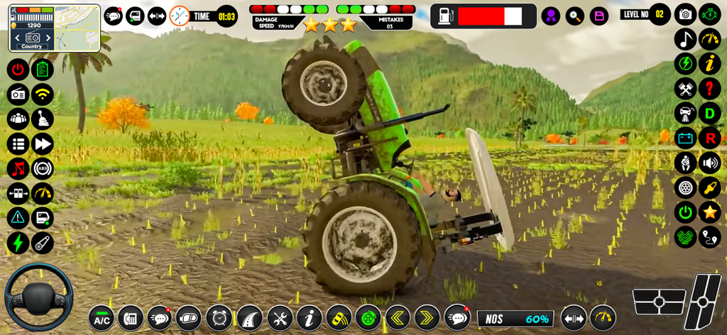 Tochan Tractors & Fields care - A green tractor doing a wheelie in a field with a complex game interface