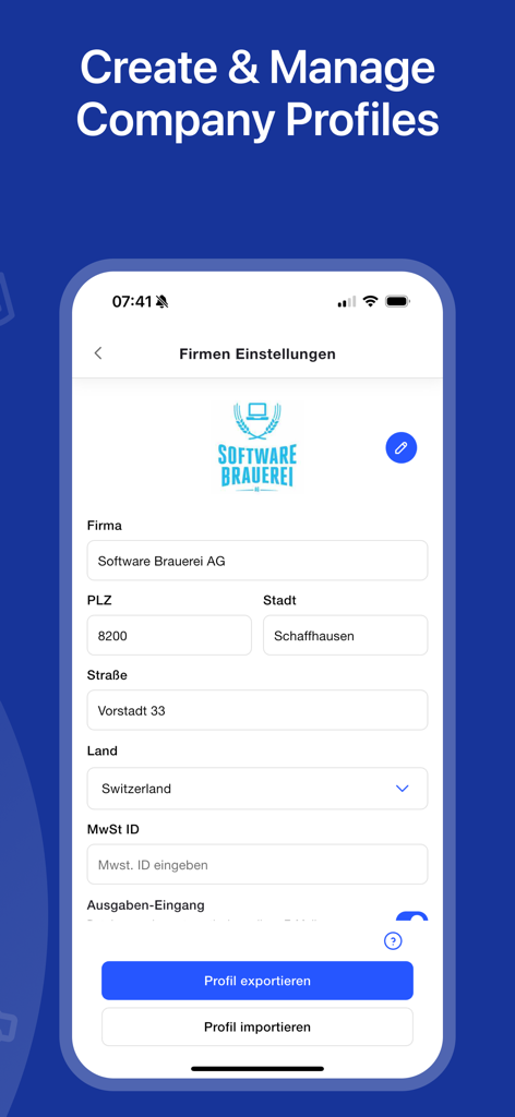 Easy Travel Expenses - Bildschirm der Easy Travel Expenses App zum Erstellen und Verwalten von Firmenprofilinformationen