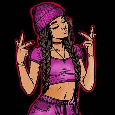 realistic teenage girl with braids and a beanie and crop top doing 🫶🏼