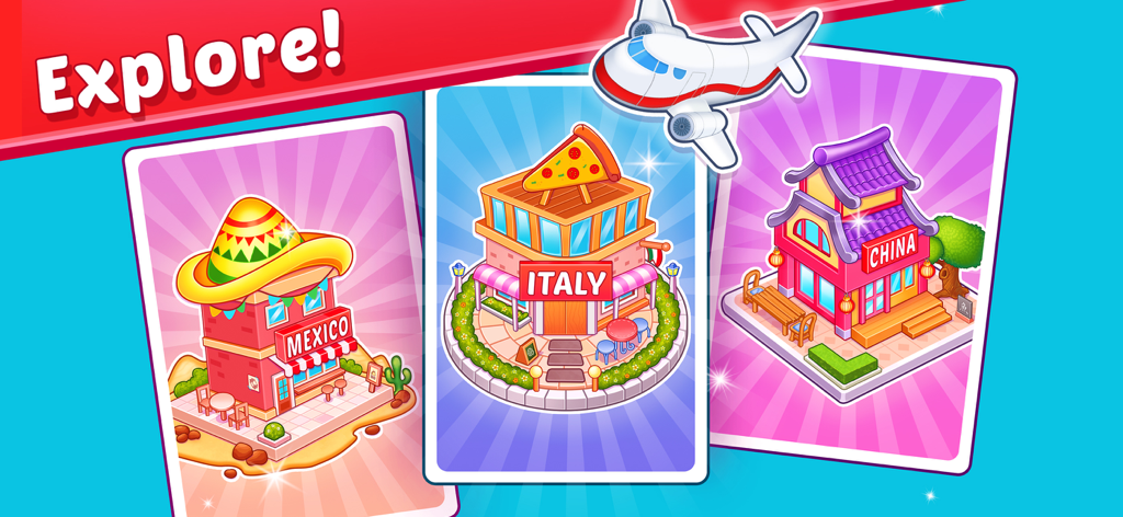 Gráfico que muestra tres tarjetas de restaurante para México, Italia y China con un avión volando sobre ellas