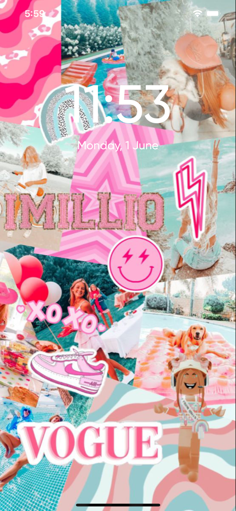 Fondo de pantalla collage estético preppy VSCO girl en rosa y verde azulado para pantalla de bloqueo