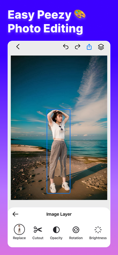 PhotoBox - AI Photo Editor - PhotoBox app interface showing easy photo editing with image layer and cutout tools