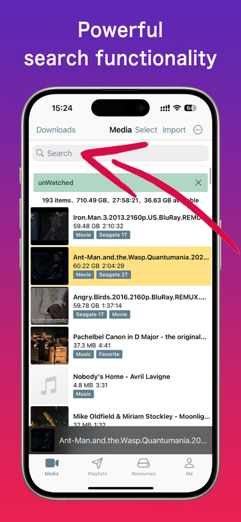Media Pro App zeigt die leistungsstarke Suchleiste und die Verwaltung der Medienbibliothek mit aktivem Ungesehen-Filter
