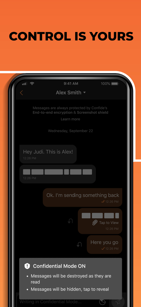 Confide private messenger app interface showing confidential mode enabled with disappearing messages