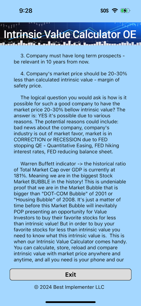 Intrinsic Value Calculator OE - Captura de pantalla de la aplicación Calculadora de Valor Intrínseco OE que explica los principios de inversión en valor y los pasos de recuperación de datos.