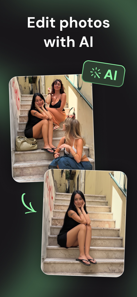 Edit Photos with AI - Cocopix - Before and after comparison showing the removal of unwanted people from a group photo on stairs using Cocopix AI