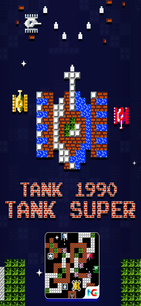Title screen of Tank 1990 Battle City featuring 8-bit pixel art tanks and brick textured text