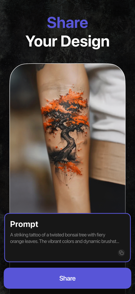 AI Tattoo Generator + Creator - Share screen of AI Tattoo Generator showing a bonsai tree design on an arm