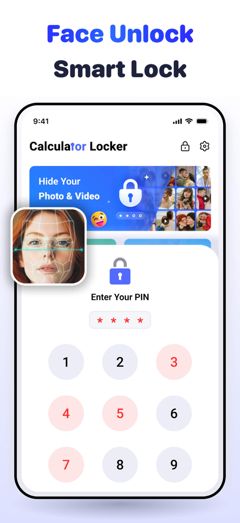 Calculator Lock - Hide Photos - Interfaz de la aplicación Calculator Lock con reconocimiento facial y entrada de PIN para acceso seguro.