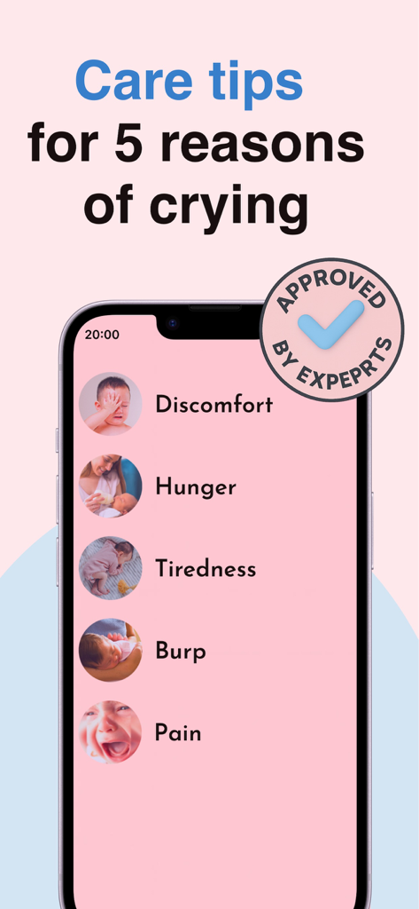 WeepAdvisor: Baby Cry Analyzer - WeepAdvisor app interface displaying five reasons for baby crying and expert care tips