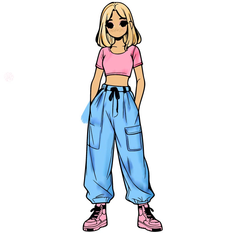 realistic girl wearing baggy pants and a crop top