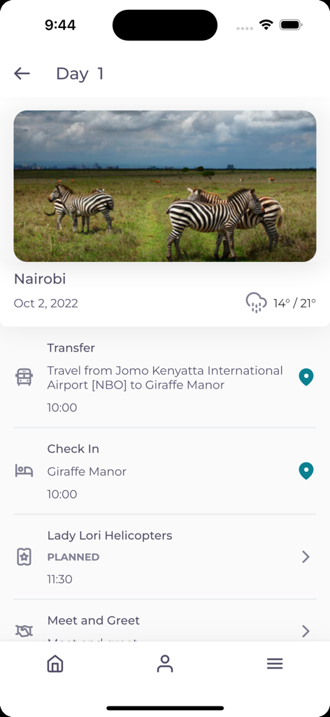 TravelKey-App-Oberfläche mit einem detaillierten Tagesplan für eine Reise nach Nairobi mit Safari-Fotos und geplanten Aktivitäten.