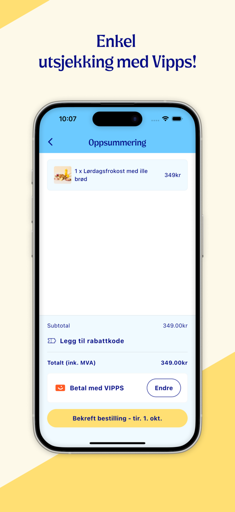 Morgenlevering - Morgenlevering app checkout screen showing an order summary for a Saturday breakfast and a Vipps payment button.