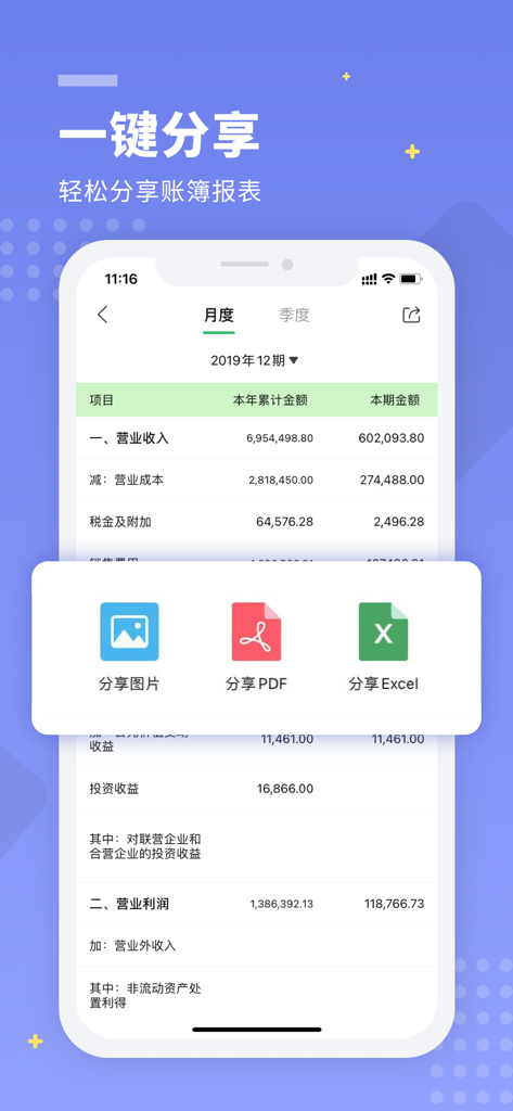 Interface of Lemon Cloud Finance app displaying financial report sharing options for PDF and Excel formats.