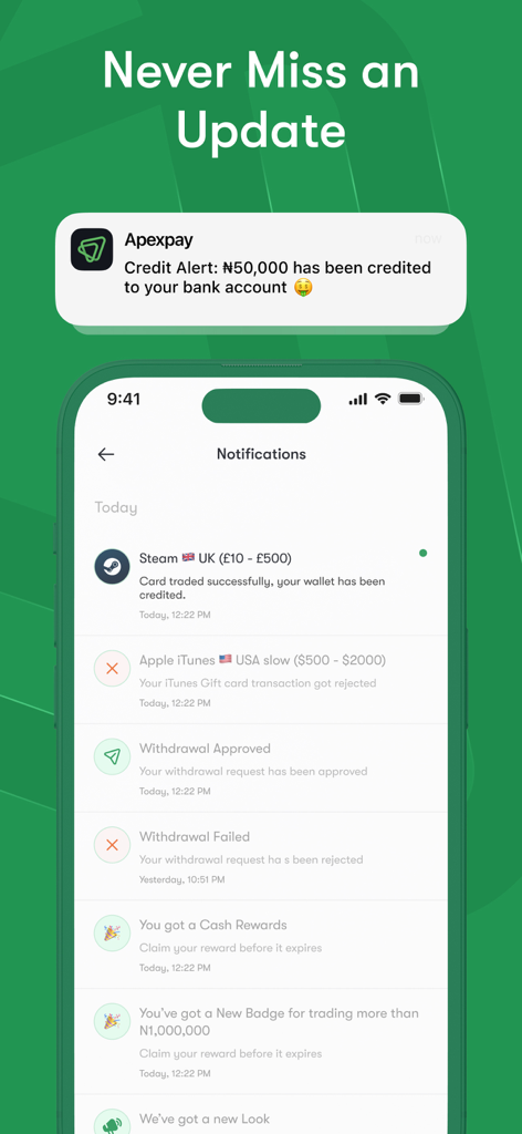 Apexpay - Redeem Gift Cards - Screenshot of Apexpay app notifications showing gift card trade success and credit alerts