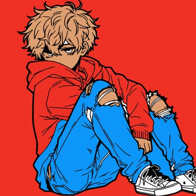 a male hoddie ripped jeans messy hair anime