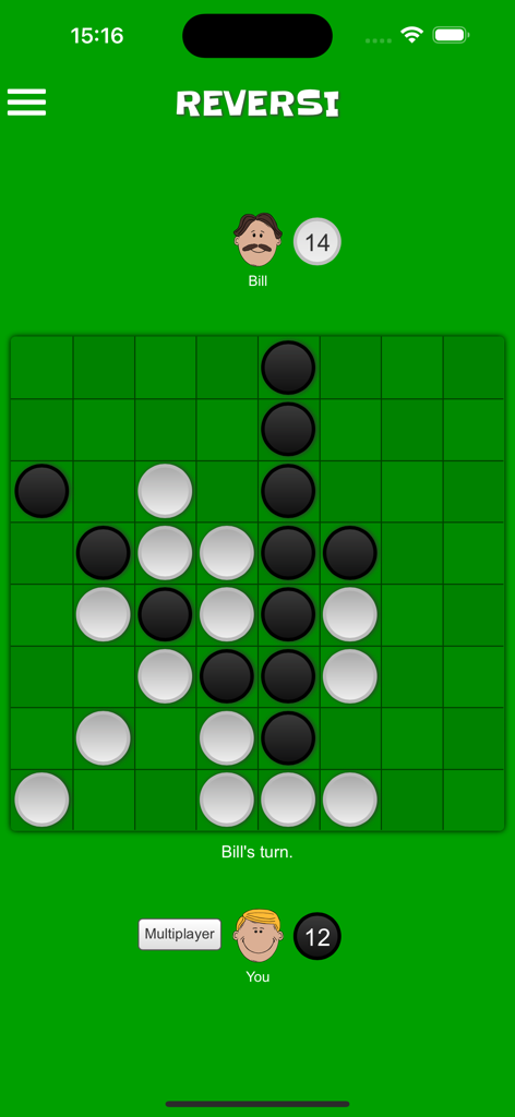 Mobile gameplay of the board game Reversi showing a match in progress on a green grid