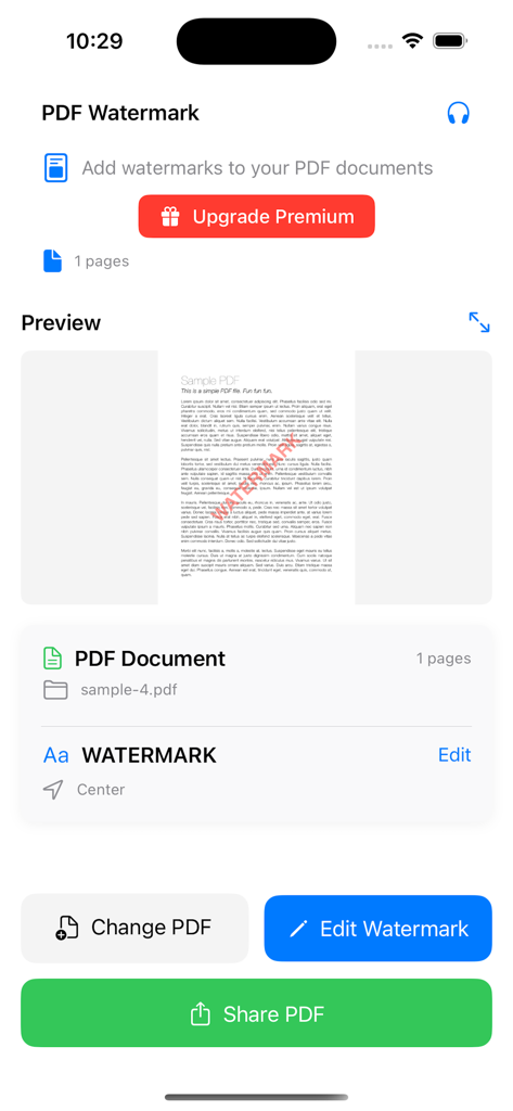 Interfaccia dell'app Aggiungi Filigrana al PDF che mostra un'anteprima del documento con una filigrana di testo rossa.