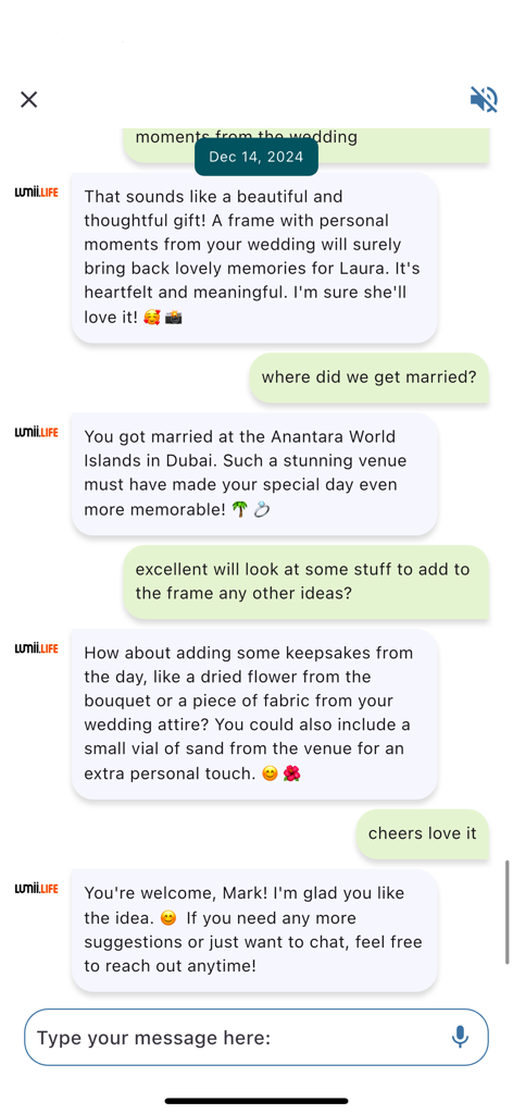 Smartphone screen showing a supportive chat conversation between a user and the Lumii.life AI wellbeing assistant about personalized gift ideas.